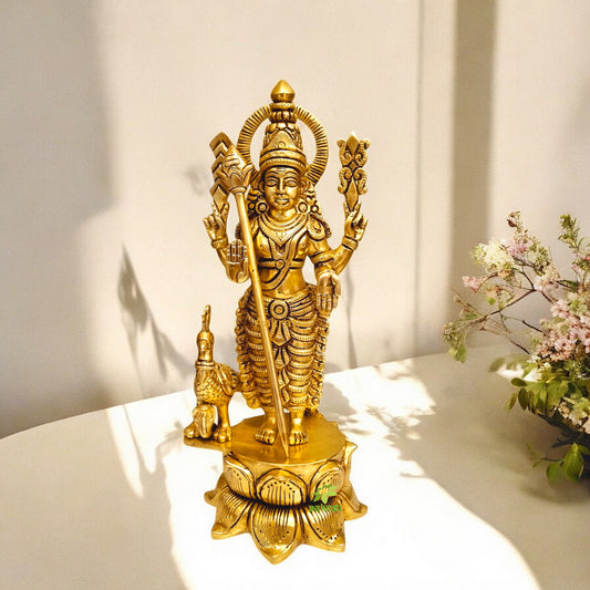 Brass Idol Set – Lord Murugan, Hanuman & Diya Pair | Hindu Religious Gift Combo | Handcrafted Puja Set for Mandir | Ideal for Diwali, Housewarming & Spiritual Decor