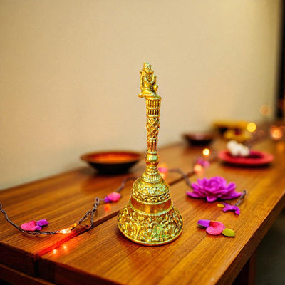 Pure Brass Hand Bell for Temple |Light Weighted  Pooja Ghanti for Aarti & Daily Worship | Brass Aarti Bell with Handle (Yellow, 5.5 Inch)