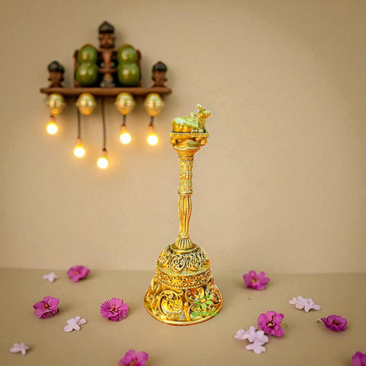 Antique Brass Hand Bell for Puja | Indian Temple Ghanti for Daily Rituals |Light Weighted  Handcrafted Brass Pooja Bell (Yellow, 6 Inch)