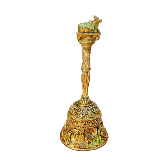 Antique Brass Hand Bell for Puja | Indian Temple Ghanti for Daily Rituals |Light Weighted  Handcrafted Brass Pooja Bell (Yellow, 6 Inch)