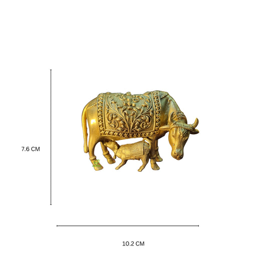 Brass Cow and Calf Idol | Kamdhenu Statue for Home Temple & Vastu Decor | Handcrafted Brass Cow with Calf (Yellow, 3 Inch)
