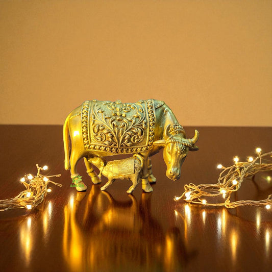 Brass Cow and Calf Idol | Kamdhenu Statue for Home Temple & Vastu Decor | Handcrafted Brass Cow with Calf (Yellow, 3 Inch)