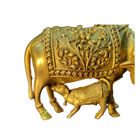 Brass Cow and Calf Idol | Kamdhenu Statue for Home Temple & Vastu Decor | Handcrafted Brass Cow with Calf (Yellow, 3 Inch)
