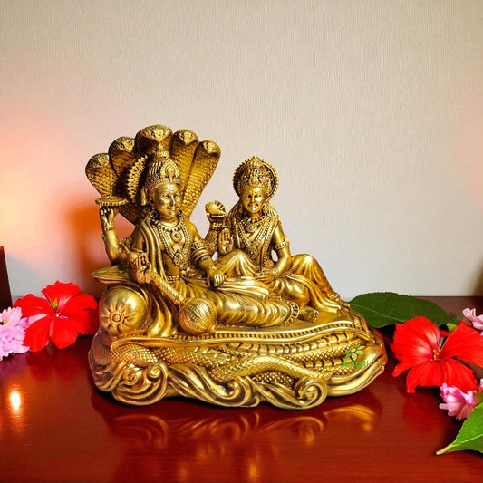 Pure Brass Vishnu Laxmi Murti | Hindu Temple Idol for Daily Puja & Rituals | Traditional Puja Murti for Home & Office (Yellow, 4.2 Inch)