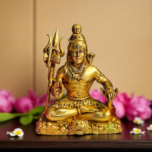 Pure Brass Lord Shiva Idol for Temple | Mahadev Murti for Home Puja & Mandir Decor | Hindu God Mahadev Idol for Spiritual Decor (Yellow, 4.2 Inch)