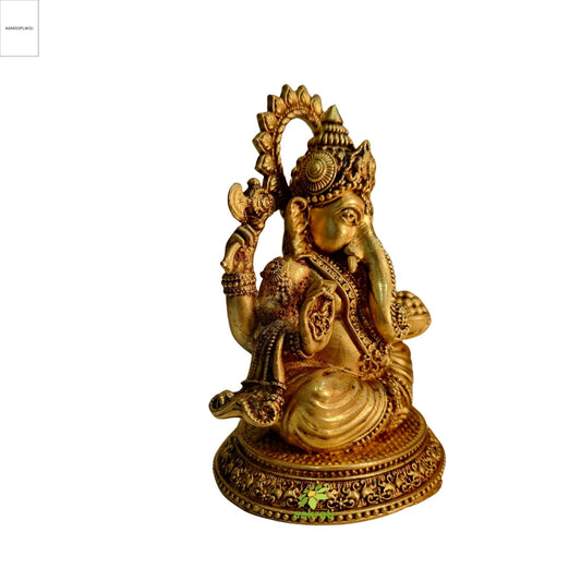 Handcrafted Brass Ganesh Idol | Antique Finish Ganesha Statue for Home Decor & Pooja | Brass Lord Ganesha Idol (Yellow, 3 Inch)