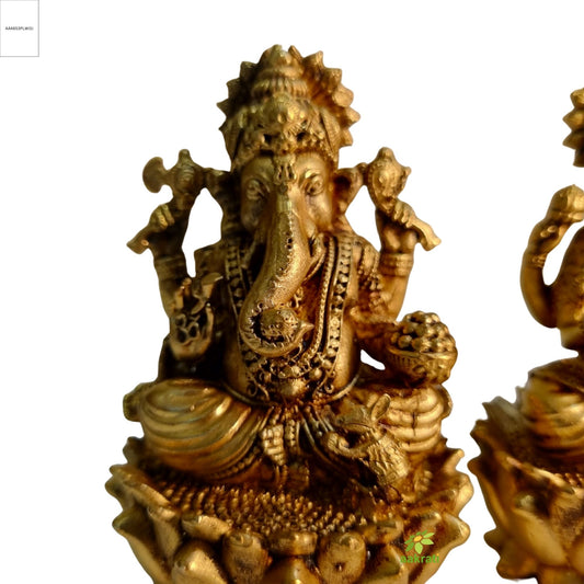 Light Weighted Lakshmi Ganesh Idol Set in Brass | Hindu Puja Murti for Home Temple & Gifting | Temple Statue for Diwali & Rituals (Yellow, 3 Inch)