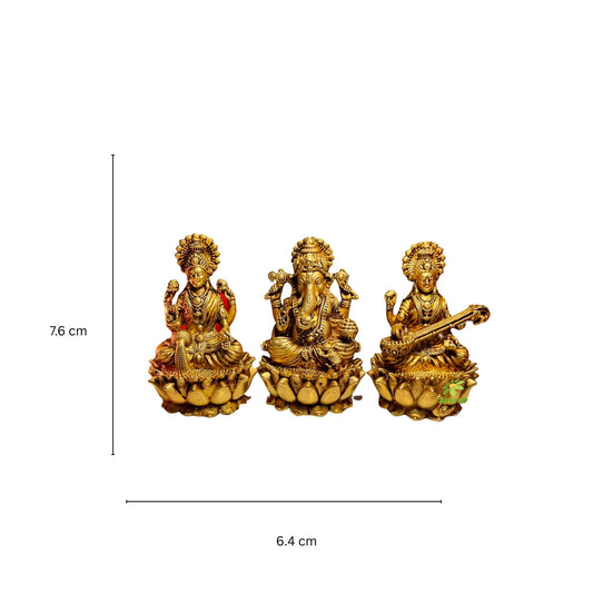 Light Weighted Brass Laxmi Ganesh Saraswati Idol Set for Temple | Puja Murti for Home & Office Mandir | Temple Idols for Diwali & Daily Rituals (Yellow, 3 Inch)