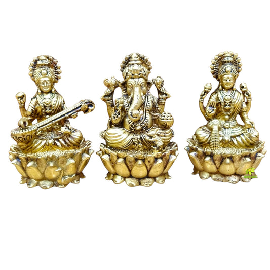 Light Weighted Brass Laxmi Ganesh Saraswati Idol Set for Temple | Puja Murti for Home & Office Mandir | emple Idols for Diwali & Daily Rituals (Yellow, 3 Inch)
