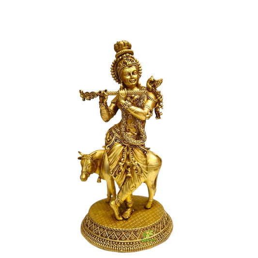 Brass Krishna Idol for Home Temple & Decor | Handcrafted Lord Krishna Statue with Flute | Light Weighted Krishna (Yellow, 8 Inch)