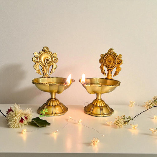 Shankh Chakra Diya Lamp 5 inch/ Home Temple Diya/ Handmade metal oil Lamp table top