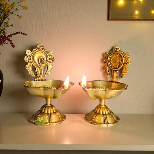 Shankh Chakra Diya Lamp 4.5 inch/ Home Temple Diya/ Handmade metal oil Lamp table top
