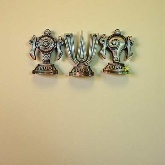 "Handcrafted Brass Shankh Chakra Namah Wall Hanging | "Brass Shankh Chakra Namah Wall Decor | wall hanging (Yellow 6 inch )