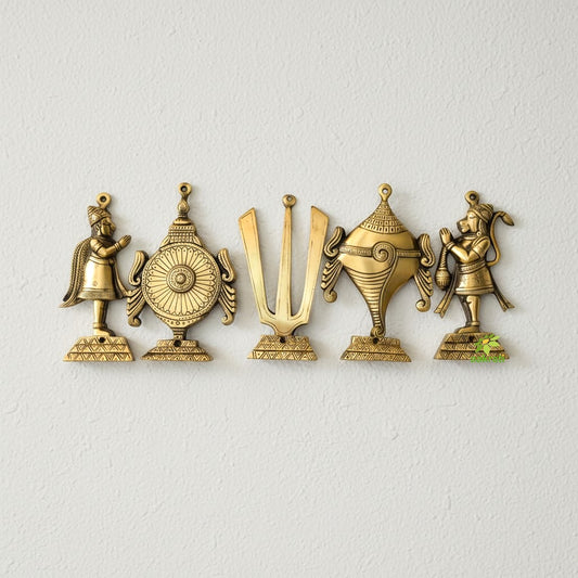 "Pure Brass Shankh Chakra Namah Wall Art | "Antique Finish Brass Shankh Chakra Namah wall decor (Yellow 9 inch)