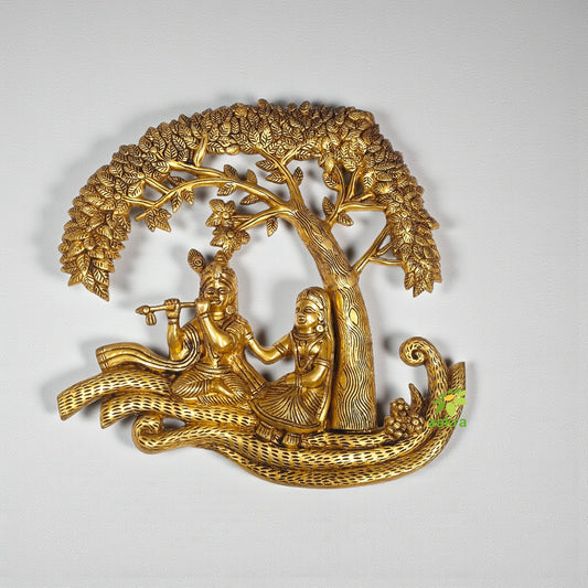 "Handcrafted Brass Radha Krishna Tree Wall Hanging | "Pure Brass Radha Krishna Wall Art | (Yellow 13 inch)