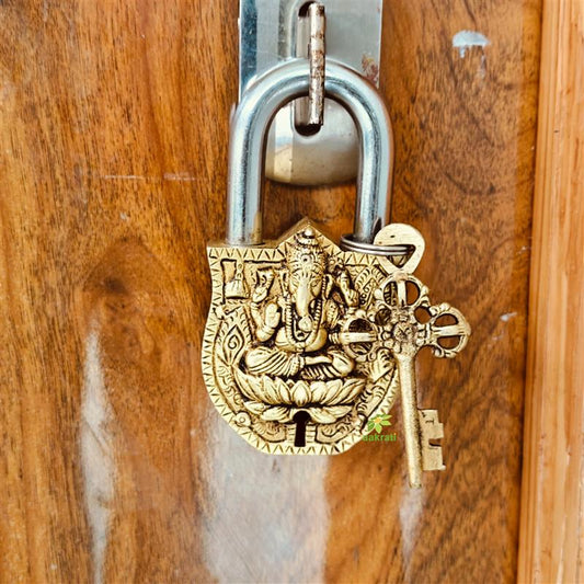 Handmade Brass Ganesha Padlock | Brass Ganesh Engraved Padlock with 2 Keys | Heavy Duty Traditional Lock for Doors