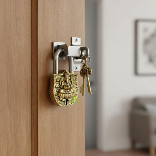 Handmade Brass Ganesha Padlock | Brass Ganesh Engraved Padlock with 2 Keys | Heavy Duty Traditional Lock for Doors