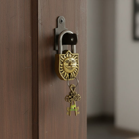 Handcrafted Brass Sun Face Padlock | Antique Finish Lock & Keys | Handcrafted Brass Sun Face Padlock
