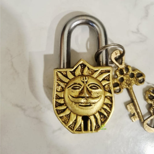 Handcrafted Brass Sun Face Padlock | Antique Finish Lock & Keys | Handcrafted Brass Sun Face Padlock
