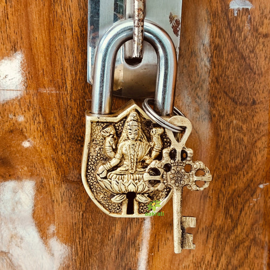 Laxmi Face Design Brass Padlock | Brass Laxmi Face Engraved Padlock with 2 Keys | Handcrafted Brass Laxmi Face Padlock