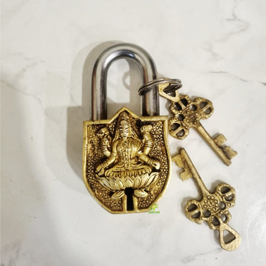 Laxmi Face Design Brass Padlock | Brass Laxmi Face Engraved Padlock with 2 Keys | Handcrafted Brass Laxmi Face Padlock