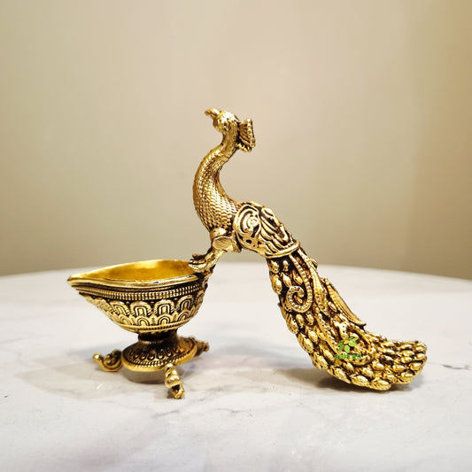 Brass Peacock Diya | Decorative Oil Lamp for Festive Lighting & Gifting | Light Weight Brass Diya (Yellow, 3 Inches)