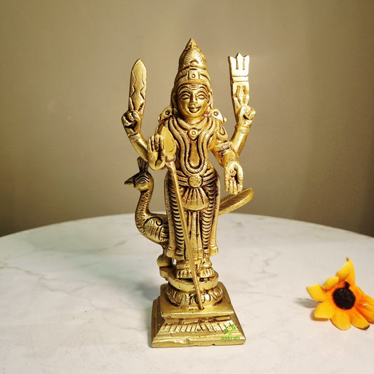 Brass Murugan Idol | Lord Kartikeya Hindu God Idol for Home | Murugan Murti (Yellow, 6 Inches)