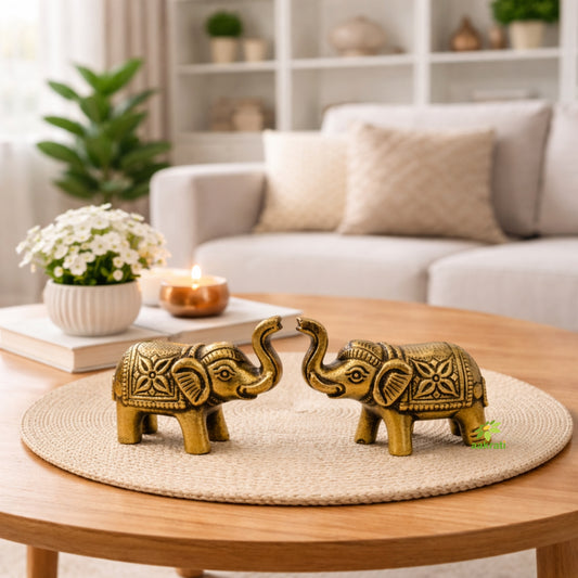 Brass Elephant Pair | Handcrafted Pair of Decorative Elephants | Brass Table Decor (Yellow, 1.5 Inches)