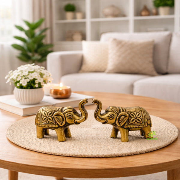 Brass Elephant Pair | Handcrafted Pair of Decorative Elephants | Brass Table Decor (Yellow, 1.5 Inches)