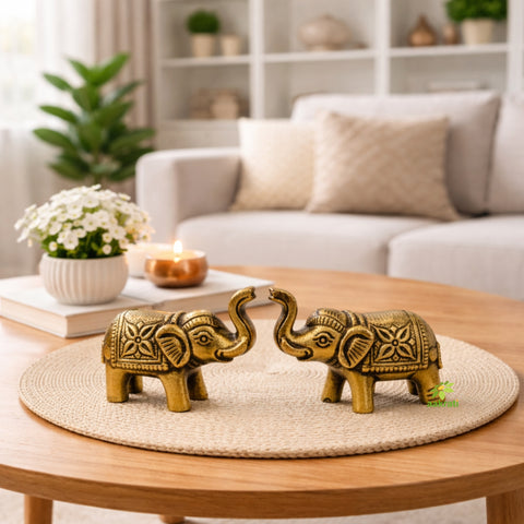 Brass Elephant Pair | Handcrafted Pair of Decorative Elephants | Brass Table Decor (Yellow, 1.5 Inches)