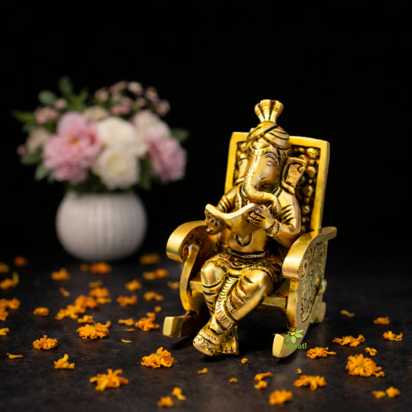 Brass Ganesh Statue | Sitting on chair for blessing & Prosperity | Brass Ganesha Murti|( Yellow, 4.5 inch)