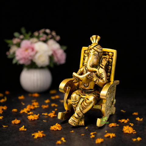 Brass Ganesh Statue | Sitting on chair for blessing & Prosperity | Brass Ganesha Murti|( Yellow, 4.5 inch)