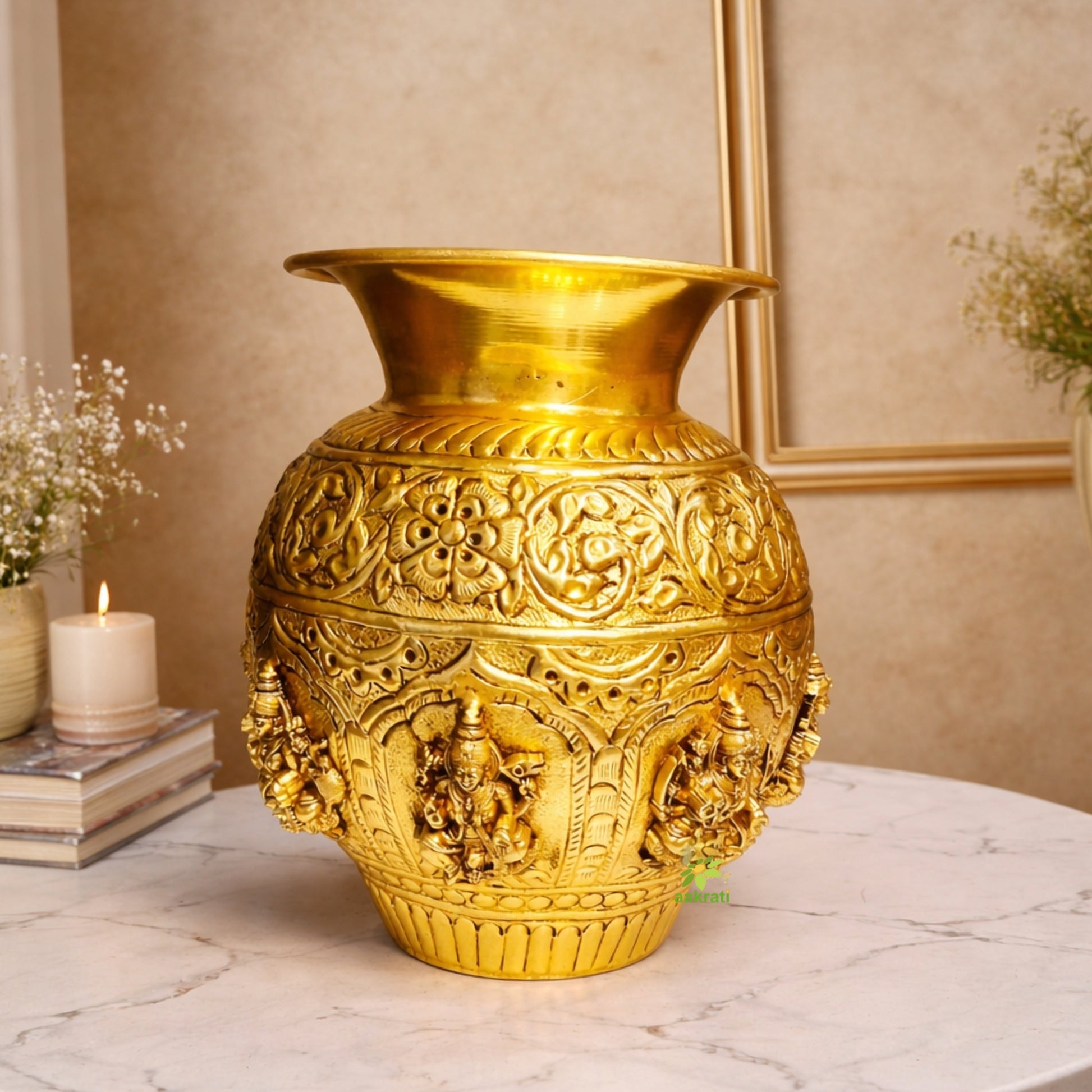 Brass Ashtalakshmi Kalash | 8 Lakshmi Devi Engraved Puja Kalash | Puja Kalash (Yellow, 7 Inch) Aakrati