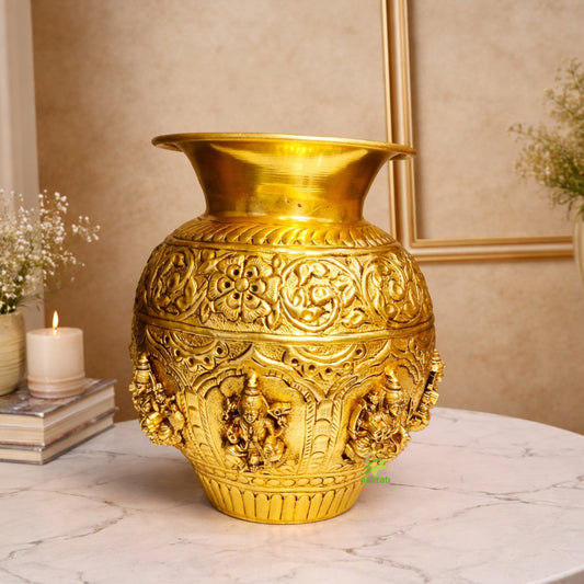 Brass Ashtalakshmi Kalash | 8 Lakshmi Devi Engraved Puja Kalash | Puja Kalash (Yellow, 7 Inch) Aakrati