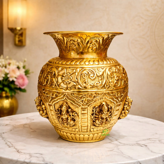 Premium Brass Ashtalakshmi Puja Kalash | Ideal Gift for Diwali, Wedding & Housewarming | Ashtalakshmi Engraved Brass Kalash for Pooja (Yellow, 6 Inches) Aakrati