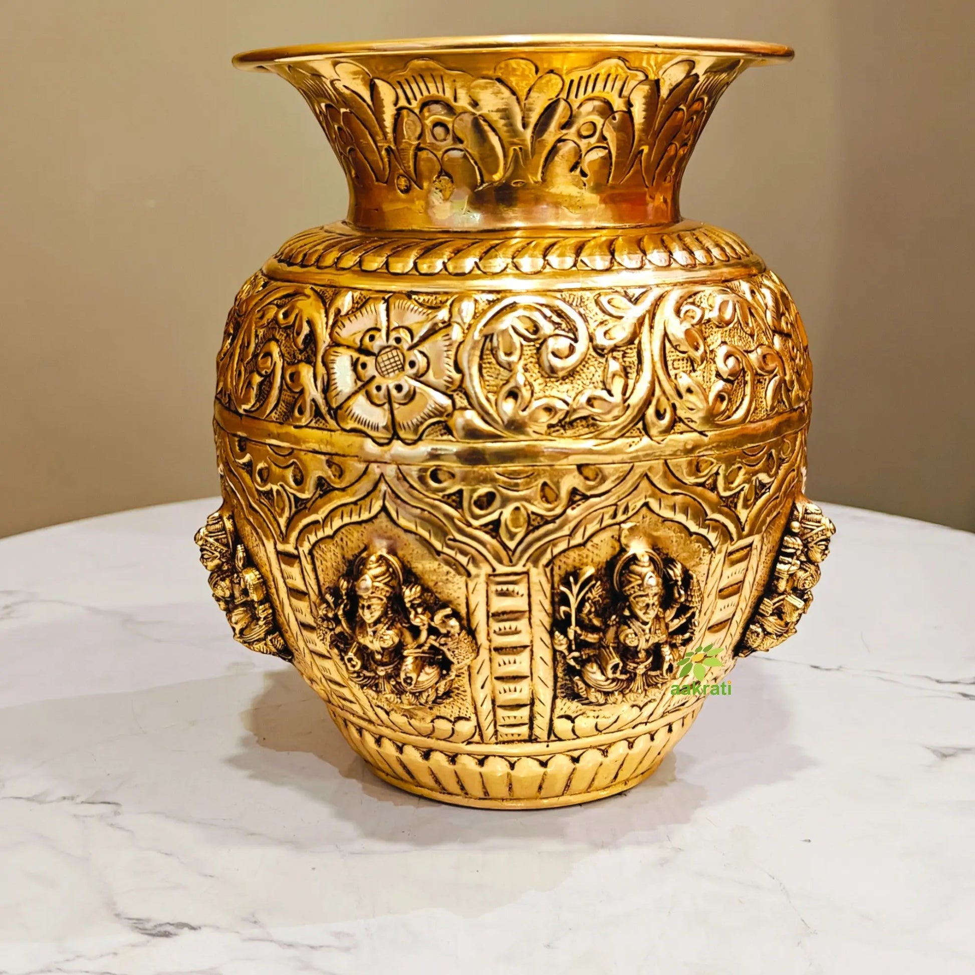 Premium Brass Ashtalakshmi Puja Kalash | Ideal Gift for Diwali, Wedding & Housewarming | Ashtalakshmi Engraved Brass Kalash for Pooja (Yellow, 6 Inches) Aakrati