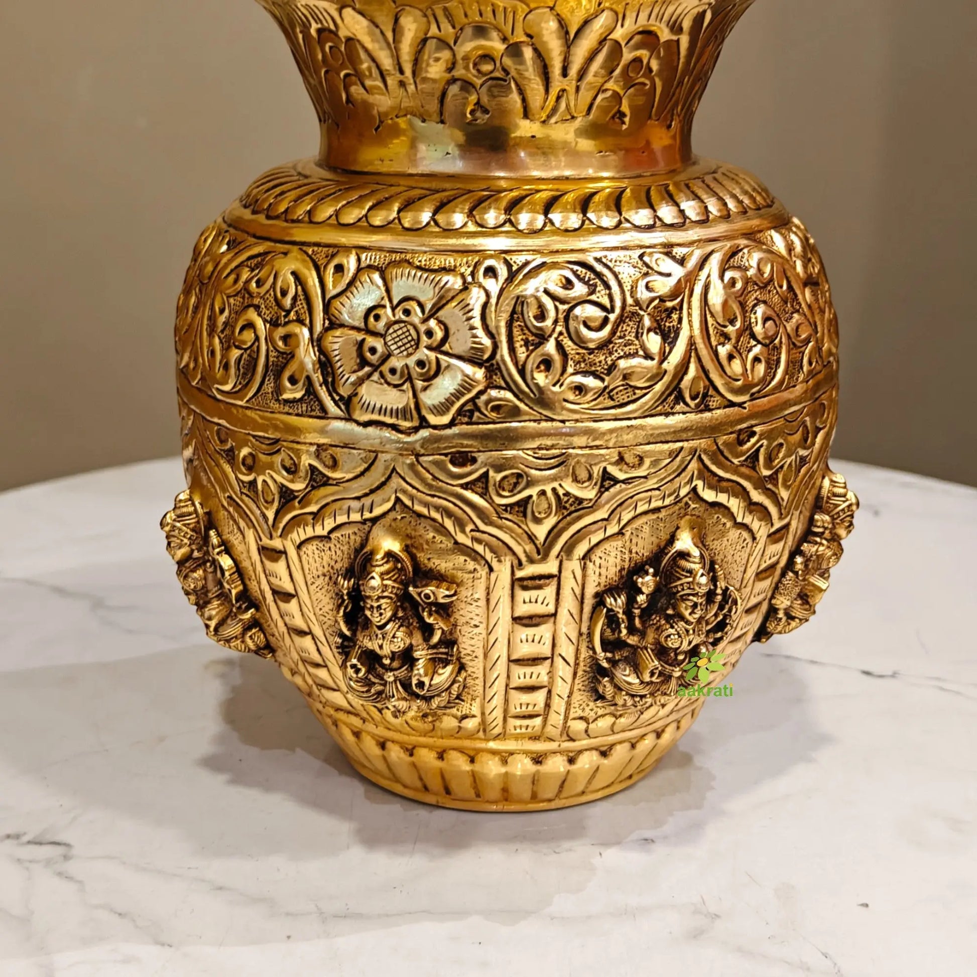 Premium Brass Ashtalakshmi Puja Kalash | Ideal Gift for Diwali, Wedding & Housewarming | Ashtalakshmi Engraved Brass Kalash for Pooja (Yellow, 6 Inches) Aakrati