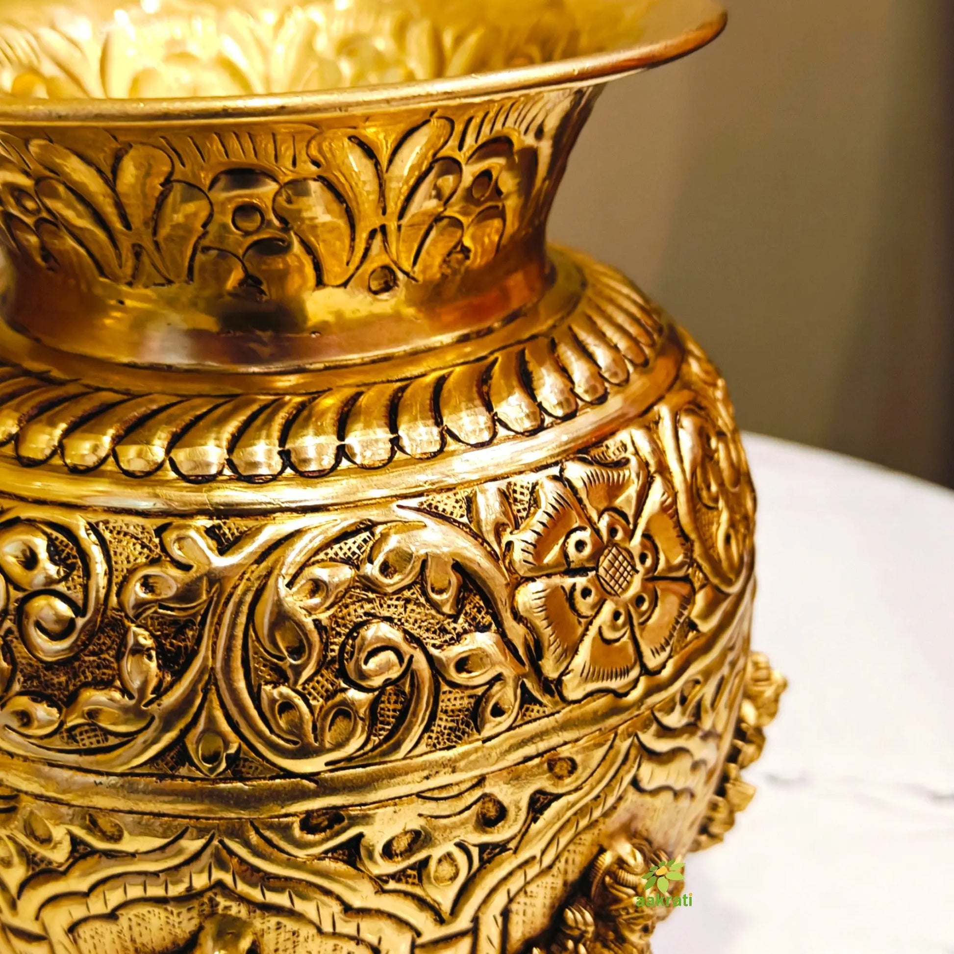 Premium Brass Ashtalakshmi Puja Kalash | Ideal Gift for Diwali, Wedding & Housewarming | Ashtalakshmi Engraved Brass Kalash for Pooja (Yellow, 6 Inches) Aakrati