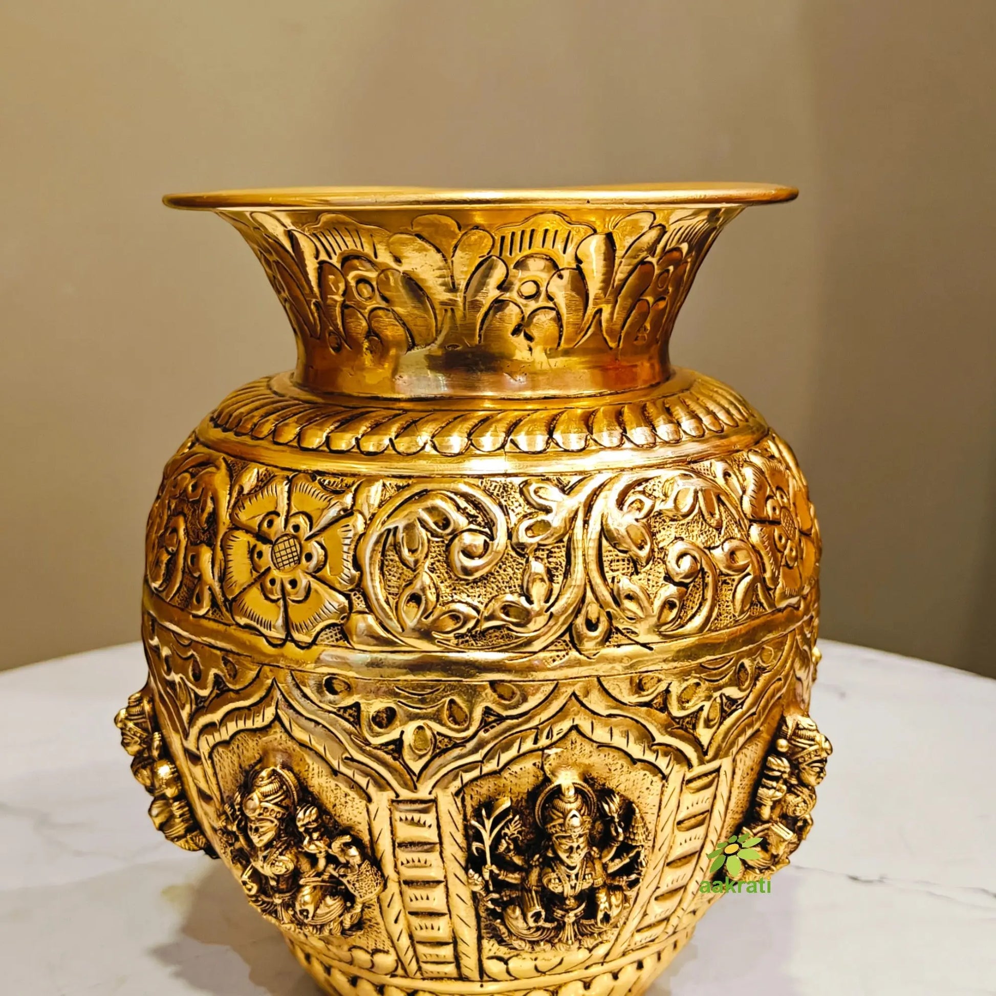 Premium Brass Ashtalakshmi Puja Kalash | Ideal Gift for Diwali, Wedding & Housewarming | Ashtalakshmi Engraved Brass Kalash for Pooja (Yellow, 6 Inches) Aakrati