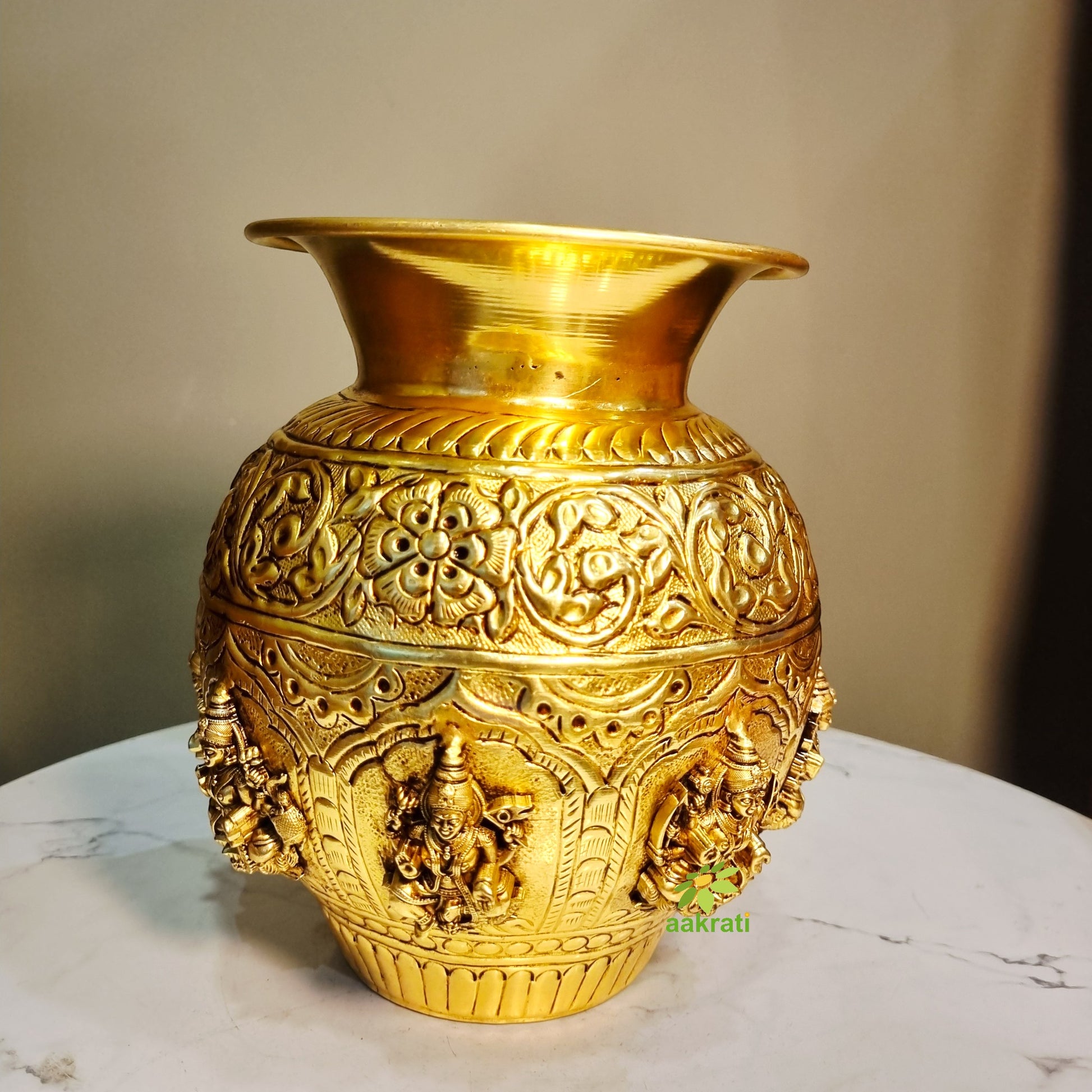 Brass Ashtalakshmi Kalash | 8 Lakshmi Devi Engraved Puja Kalash | Puja Kalash (Yellow, 7 Inch) Aakrati