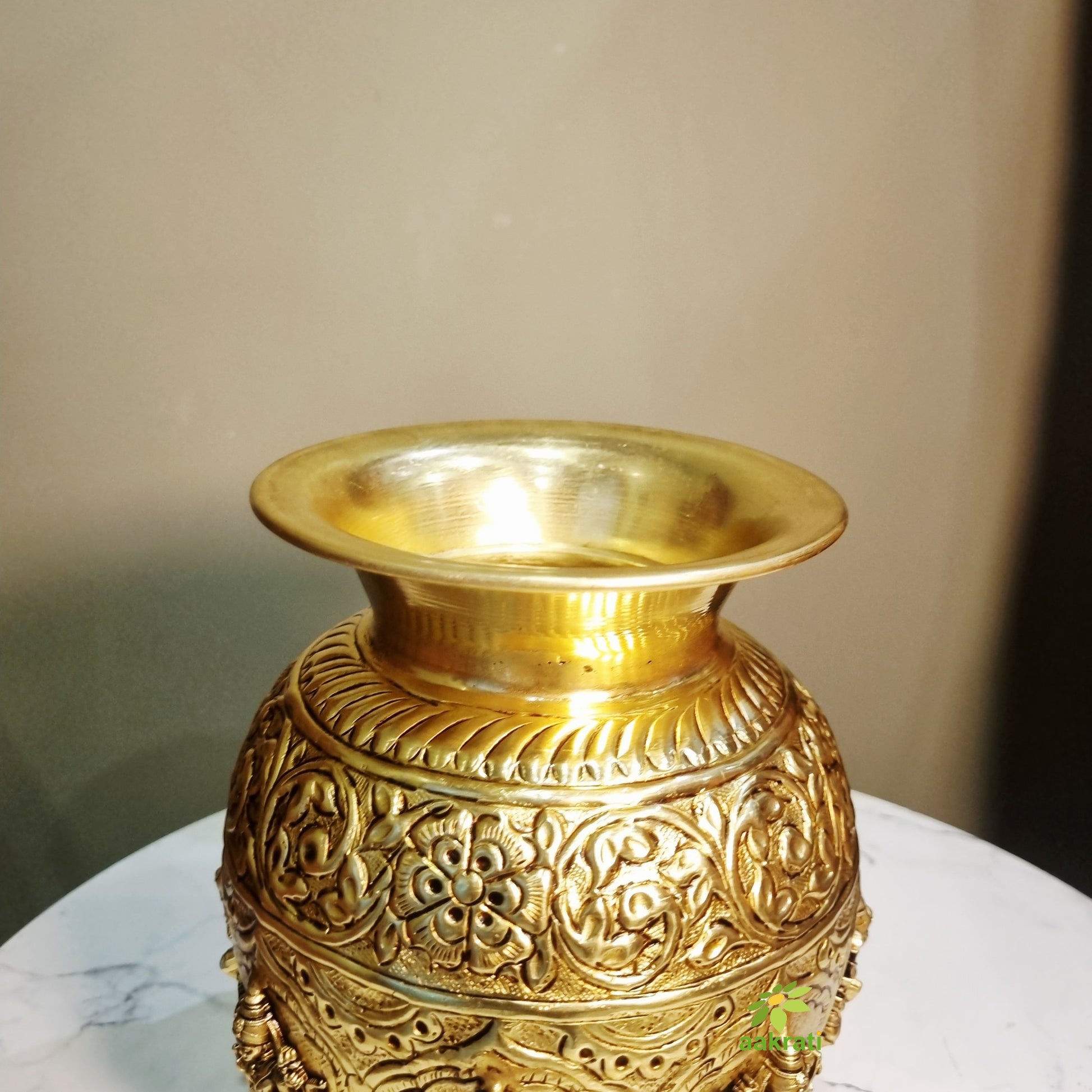 Brass Ashtalakshmi Kalash | 8 Lakshmi Devi Engraved Puja Kalash | Puja Kalash (Yellow, 7 Inch) Aakrati