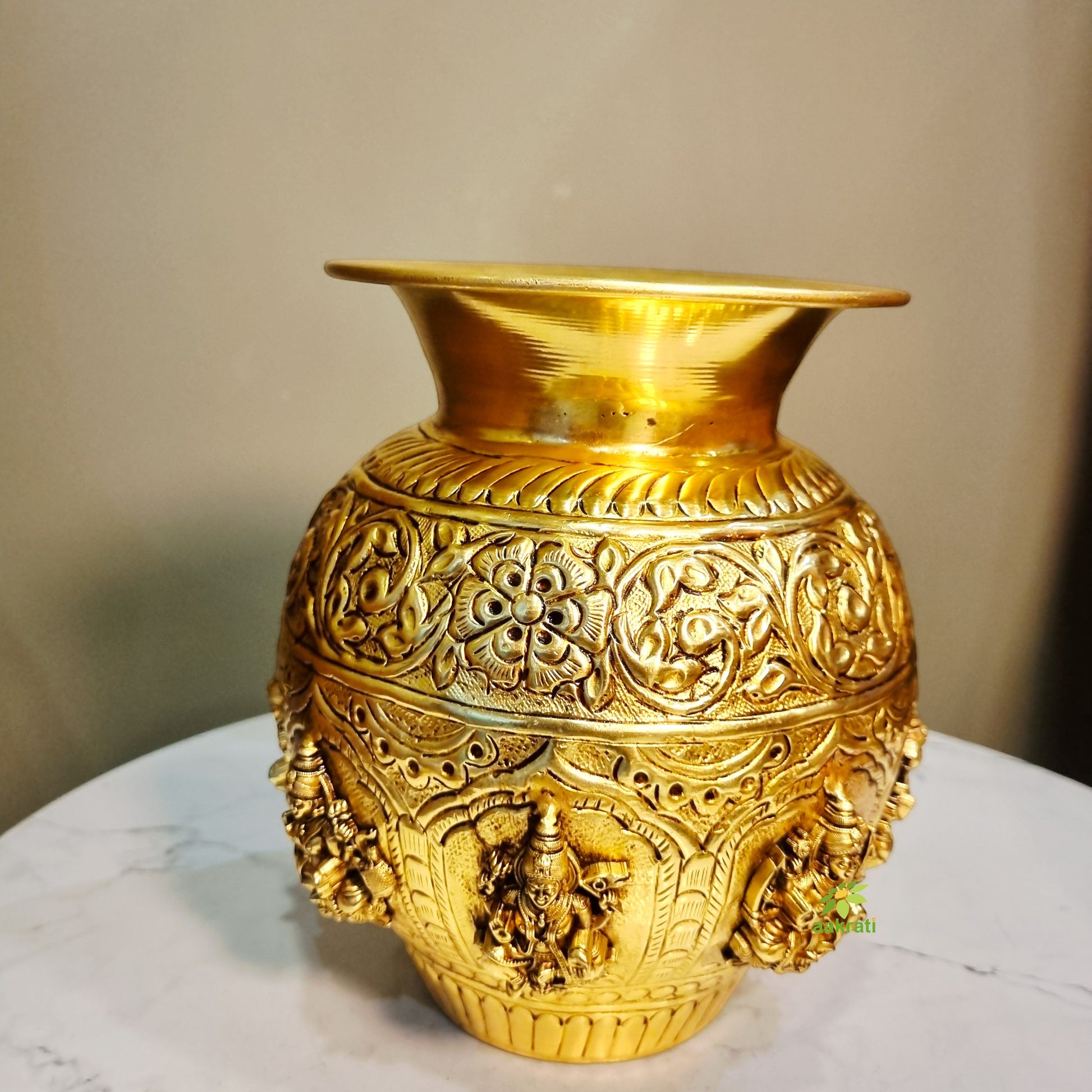 Brass Ashtalakshmi Kalash | 8 Lakshmi Devi Engraved Puja Kalash | Puja Kalash (Yellow, 7 Inch) Aakrati