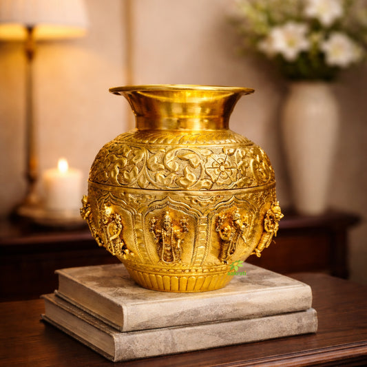 Dashavatar Brass Kalash for Pooja | Brass Dashavatar Puja Kalash | Traditional Hindu Puja Vessel (Yellow, 7 Inches) Aakrati