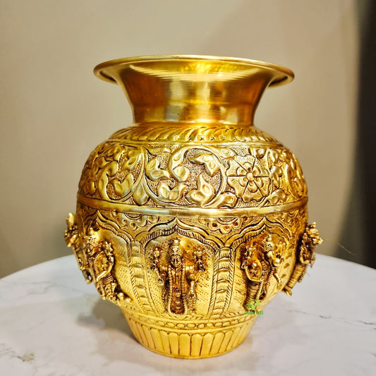 Dashavatar Brass Kalash for Pooja | Brass Dashavatar Puja Kalash | Traditional Hindu Puja Vessel (Yellow, 7 Inches) Aakrati