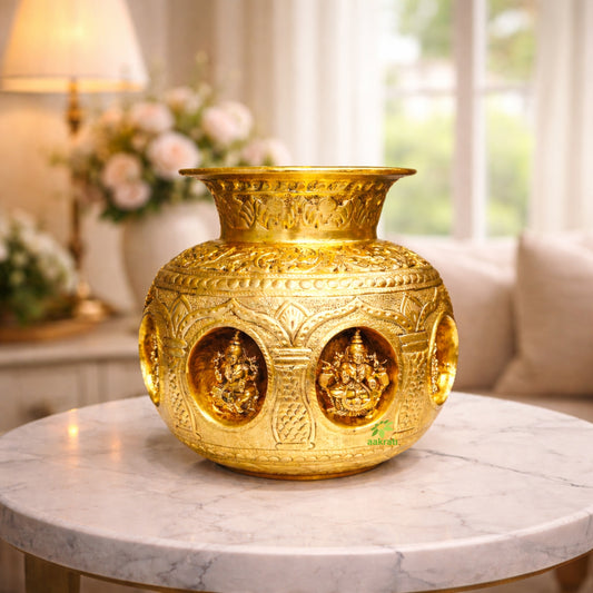 Brass Ashtalakshmi Puja Kalash | Traditional Brass Pooja Kalash | Pure Brass Kalash (Yellow, 7 Inches) Aakrati