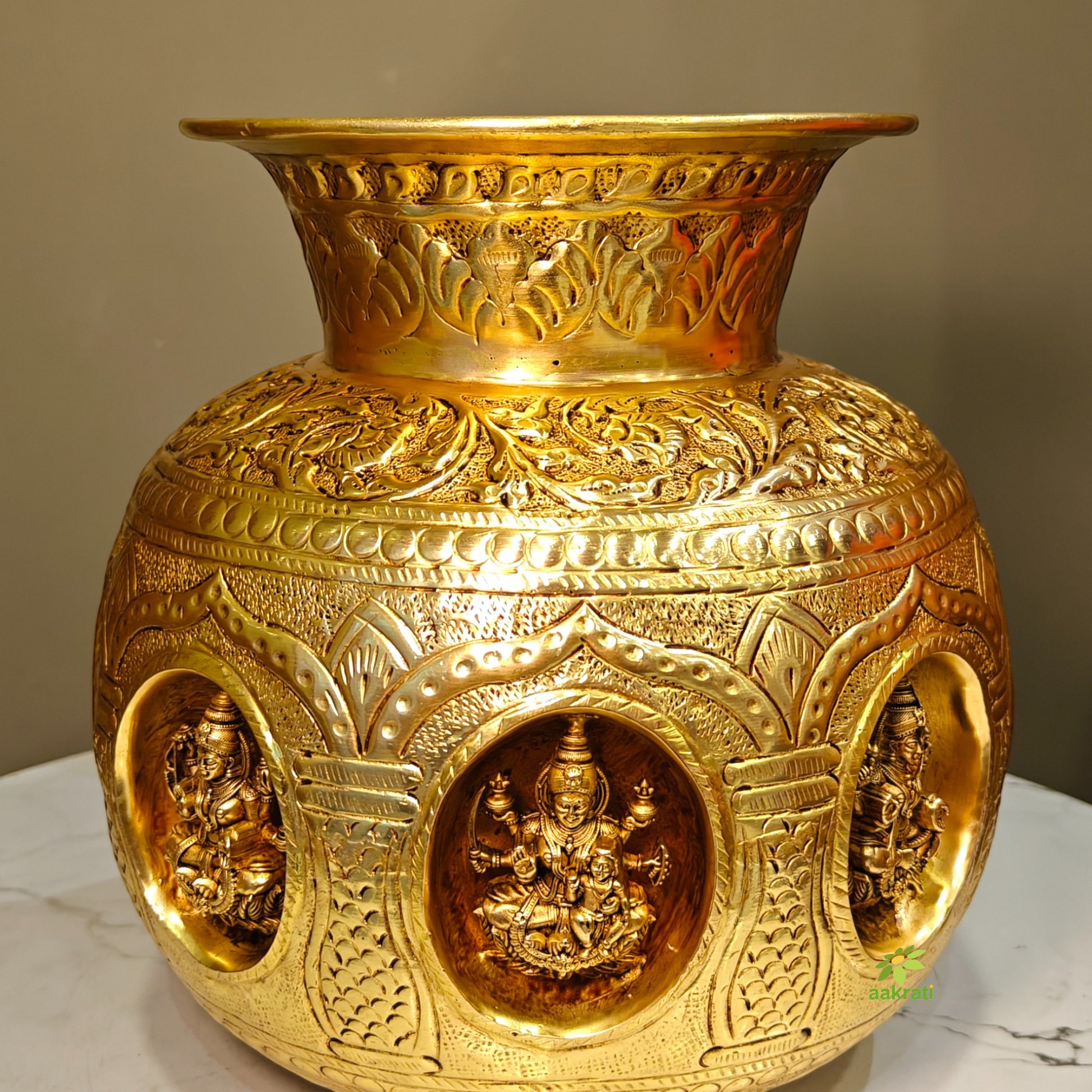 Brass Ashtalakshmi Puja Kalash | Traditional Brass Pooja Kalash | Pure Brass Kalash (Yellow, 7 Inches) Aakrati