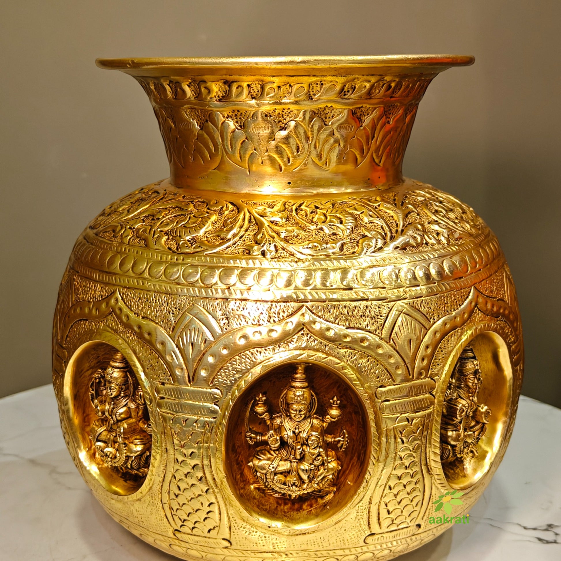 Brass Ashtalakshmi Puja Kalash | Traditional Brass Pooja Kalash | Pure Brass Kalash (Yellow, 7 Inches) Aakrati