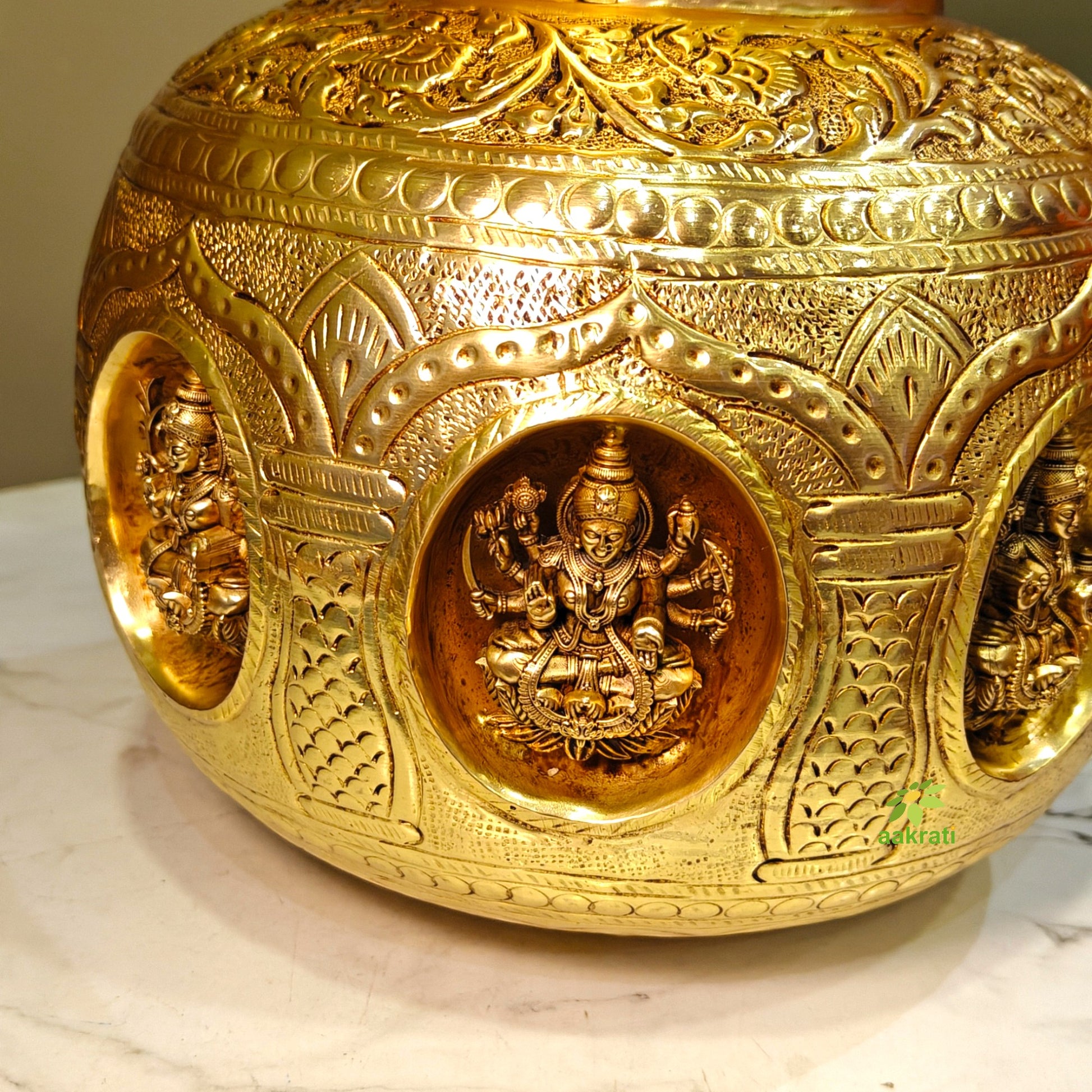 Brass Ashtalakshmi Puja Kalash | Traditional Brass Pooja Kalash | Pure Brass Kalash (Yellow, 7 Inches) Aakrati