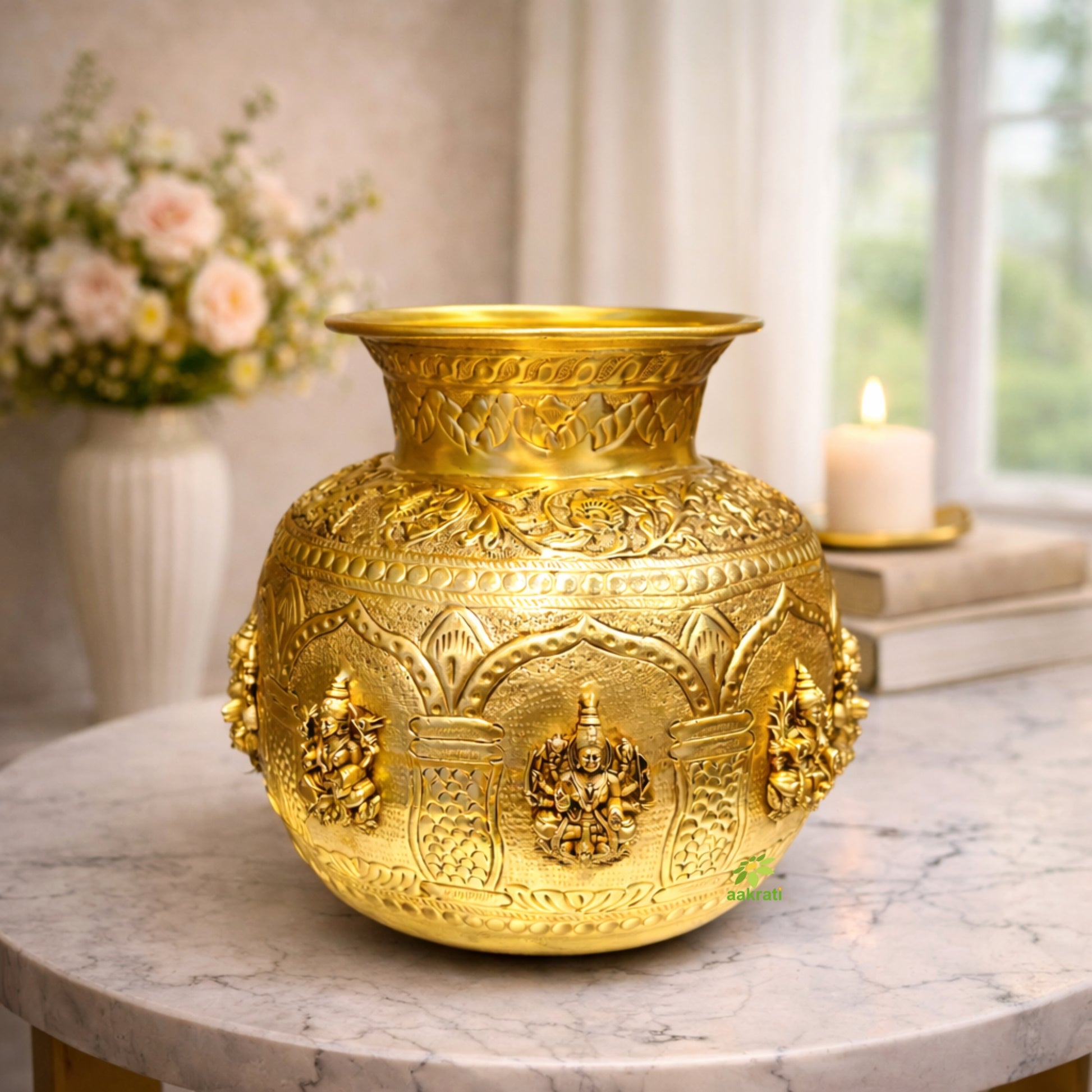 Brass Ashtalakshmi Puja Kalash | Ashtalakshmi Engraved Puja Kalash | Ashtalakshmi Kalash for Pooja (Yellow, 7.3 Inches) Aakrati