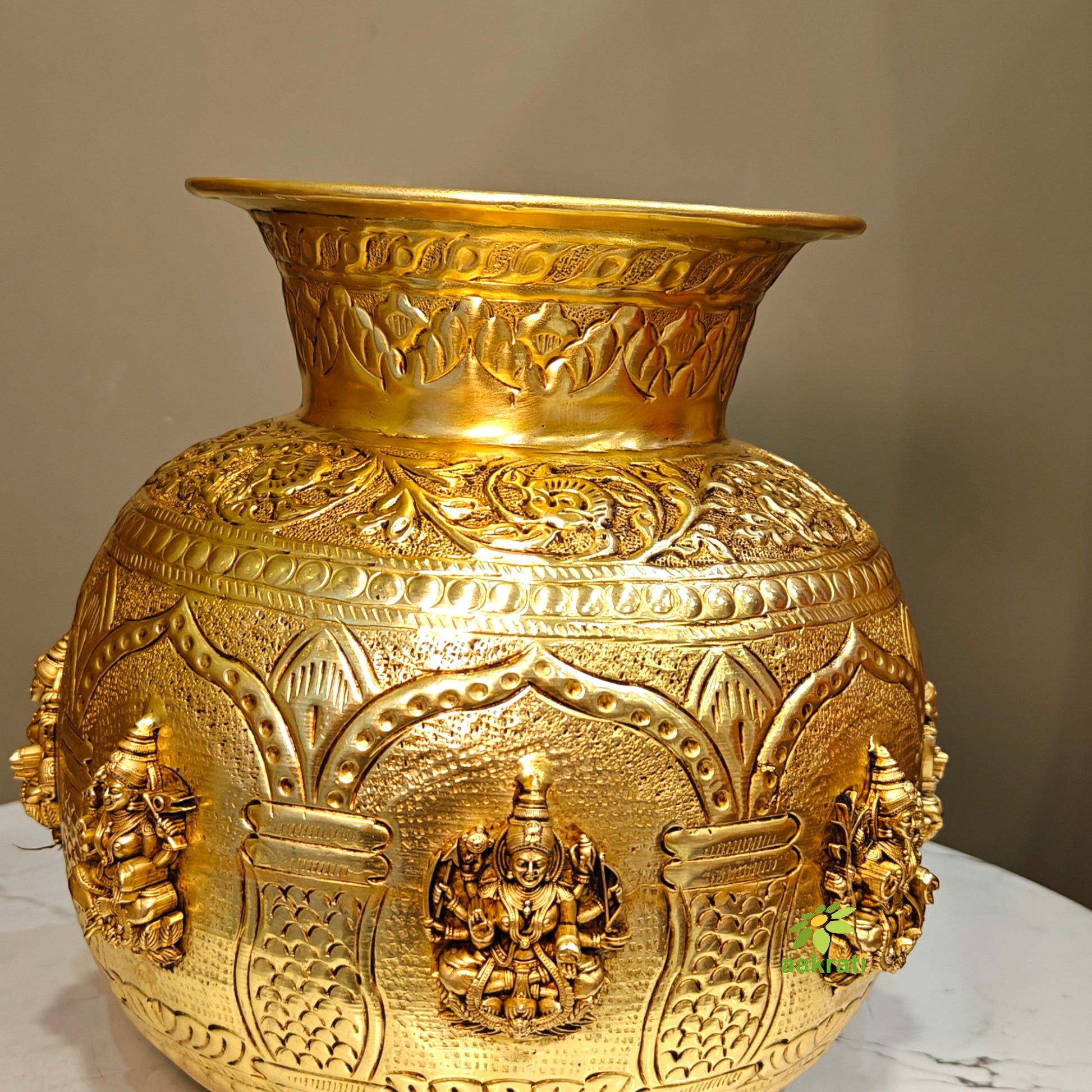 Brass Ashtalakshmi Puja Kalash | Ashtalakshmi Engraved Puja Kalash | Ashtalakshmi Kalash for Pooja (Yellow, 7.3 Inches) Aakrati